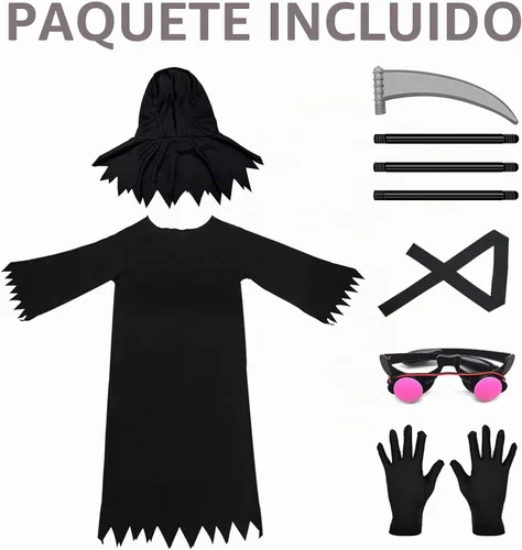 Vista 4 de Grim Reaper Halloween Costume with Glowing Red Eyes for Kids, Scythe Included