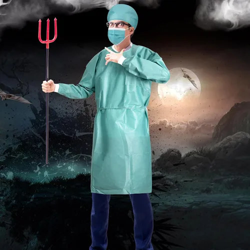 Vista 6 de Jiuguva 3 juegos de disfraz de médico cirujano de Halloween para hombre, disfraz de médico con sombreros y máscaras para fiesta de cosplay, evento