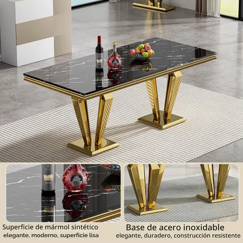 Vista 3 de HomVent Juego de mesa de comedor de mármol sintético de 68 pulgadas con 4 Mesa negra con 4 sillas beige