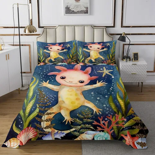 Vista 2 de Erosebridal Lindo juego de colcha de ajolote para niños, juego de edredón de salamanda de dibujos animados de 2 piezas para niños y niñas, colcha