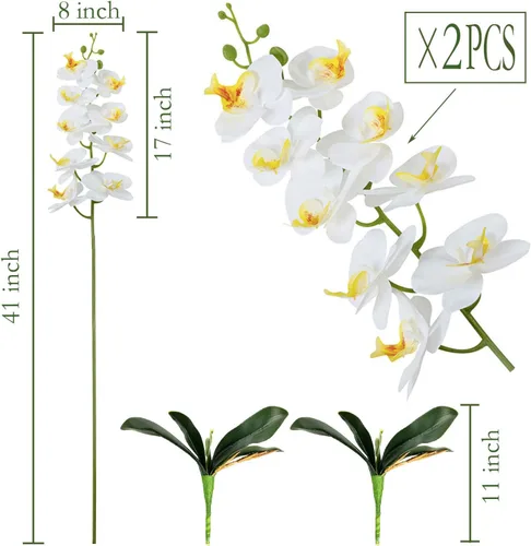 Vista 2 de FagusHome Flores artificiales de seda Phalaenopsis de 41 pulgadas, 2 piezas con 2 paquetes de hojas, plantas artificiales de orquídea en blanco