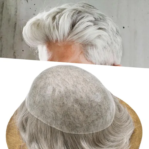 Vista 60 de PU Toupee para hombres pieza de pelo real sistema de reemplazo de cabello humano para hombres Toupee pieza de pelo para hombres piel polivinílica
