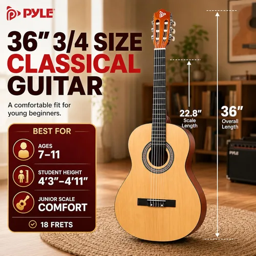 Vista 3 de Kit de guitarra acústica para principiantes Pyle, tamaño junior 3/4, instrumento completamente de madera con kit completo de accesorios, púas