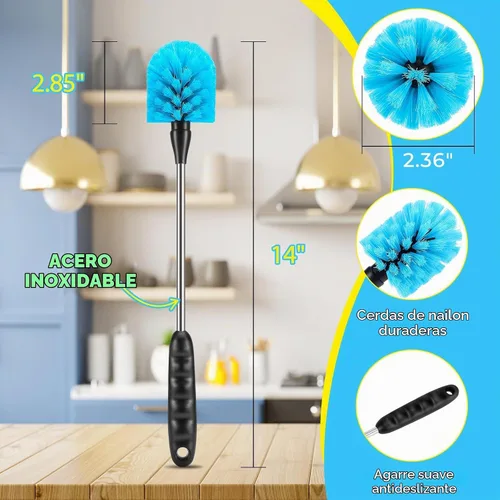 Vista 3 de Juego de 5 cepillos de limpieza de botellas, cepillo de limpieza con mango de acero inoxidable de 35.56 cm de largo y 3 cepillos para pajitas