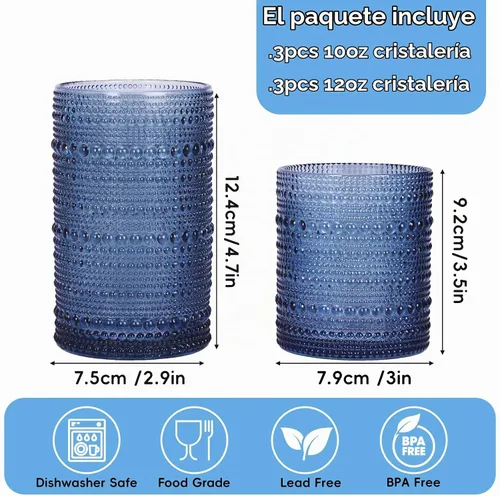 Vista 3 de Moretoes - Juego de 6 vasos de cristal vintage con forma de hobuña, color azul