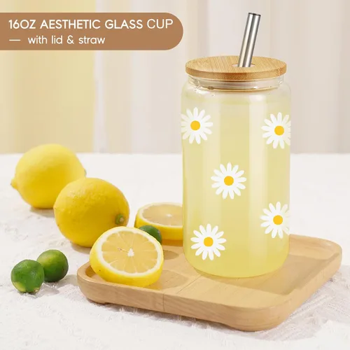 Vista 6 de GSPY Daisy Regalos Estéticos, Taza de Café Helado, Lindas Tazas de Vidrio con Tapas y Popotes - Lindas Tazas, Taza de Flores, Vaso de Vidrio