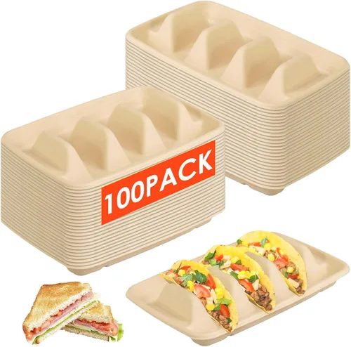 Vista 8 de 50 soportes desechables para tacos para fiestas, 3 compartimentos, soporte de bandeja de tacos de papel, platos desechables para tacos