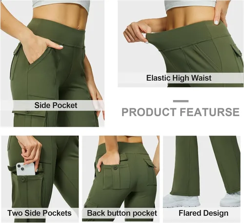 Vista 4 de Leggings acampanados de yoga para mujer, cintura alta, pantalones casuales de yoga, leggings de entrenamiento, con 6 bolsillos, pantalones de yoga