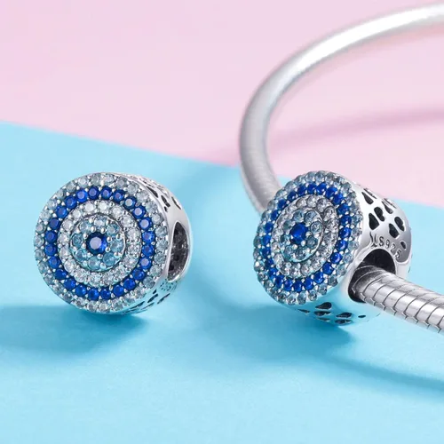 Vista 5 de BISAER Pulsera contra el mal de ojo de plata de ley 925, abalorios de cristal azul, dije de mano Hamsa para pulsera Pandora