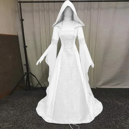 Vista 2 de Vestido gótico para mujer con capucha medieval, traje con corsé, renacentista, vestido victoriano