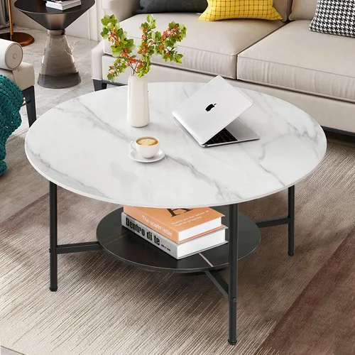 Vista 9 de Wisfor Mesa de centro de mármol para sofá de mesa: mesa central redonda de piedra sinterizada blanca de 2 niveles con Fram negro para sala de estar