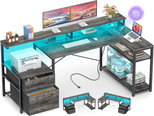 Vista 8 de Aheaplus Escritorio en forma de L con cajón de archivos, escritorio reversible en forma de L para computadora y juegos con toma de corriente