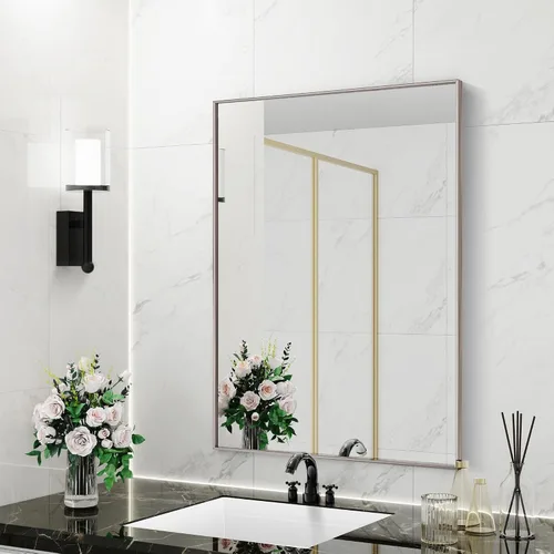 Vista 44 de 24x24 Inch Black Bathroom Mirror for Wall, Aluminum Frame Rectangle Rectangular Vanity Mirror, Modern Large for Bedroom, Living Room, Horizontal or