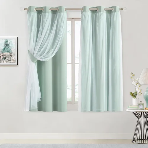 Vista 23 de Bujasso Cortinas 80% Opacas Beige con Superposición de Gasa Mezcla y Combinación Paneles de Ventana con Aislamiento Térmico de Doble Capa de 63