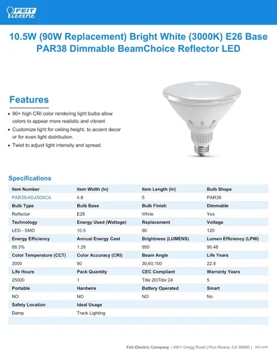 Vista 7 de Feit Electric Luz reflectora LED PAR38, 90W Eq, blanco brillante, base E26