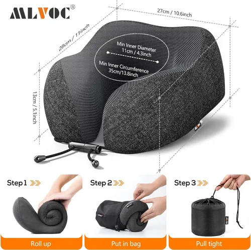 Vista 7 de MLVOC Almohada de viaje 100% espuma viscoelástica pura para el cuello, cubierta cómoda y transpirable, lavable a máquina, kit de viaje para avión