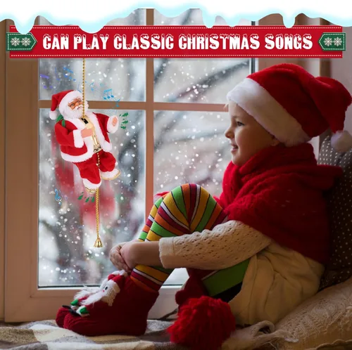 Vista 4 de Gfilay Papá Noel escalador con música, adorno colgante de árbol de Navidad, novedad de Papá Noel escalador en cuerda, decoración navideña, gran