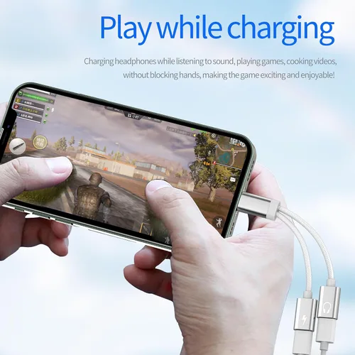 Vista 3 de Adaptador para iPhone para conector de auriculares para Apple 14 13 12 Pro Splitter Audio (2 en 1) Dual Lightning AUX a cable de carga Dongle