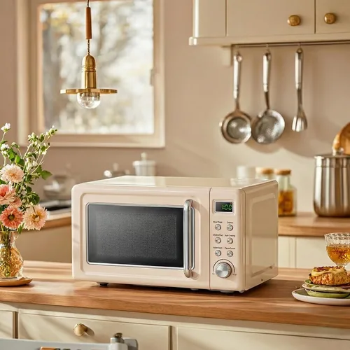 Vista 2 de SIMOE Horno microondas retro crema, 0.7 pies cúbicos microondas compacto de encimera, microondas pequeño de 700 W con pantalla LED, bloqueo