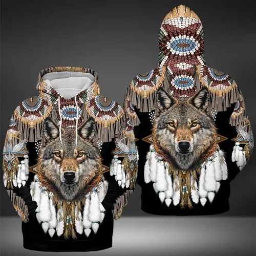Vista 4 de SN36 - Wolf Native American Sudadera con capucha 3D Negro, Negro