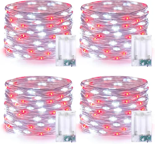Vista 31 de JMEXSUSS 4 unidades de luces de hadas LED de 50 luces en púrpura y verde, luces de cadena de hadas operadas con batería, luces de 16 pies
