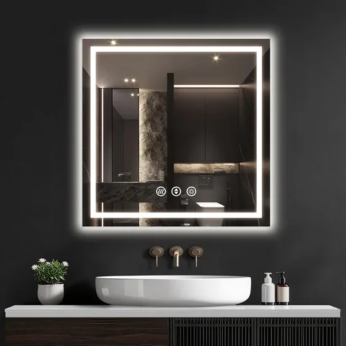Vista 12 de Espejo de baño LED de 16 x 24 pulgadas con luces, antiniebla, retroiluminado + luz frontal, espejo de tocador de baño iluminado para pared, función