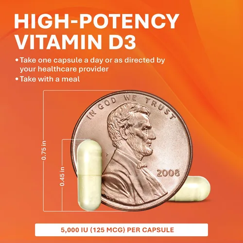 Vista 4 de Rugby Vitamina D3 5,000 UI (125 mcg) - Suplemento dietético de vitamina D para huesos, dientes e inmunidad, 100 cápsulas