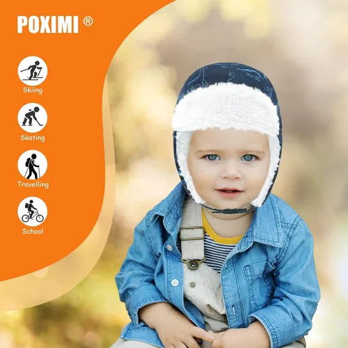 Vista 6 de POXIMI Gorro de trampero para bebé, gorro de invierno para niños, resistente al viento, gorro de nieve para niñas, cálido con orejeras con forro
