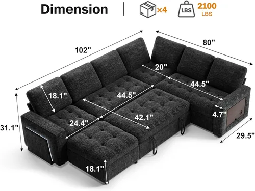 Vista 3 de Vipbear Sofá cama modular en forma de L de 7 asientos con otomana/cama extraíble/respaldo reclinable/puertos USB/mesa/luz LED/asiento de Negro