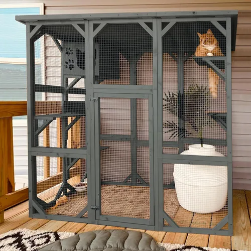 Vista 8 de Grepatio Casa grande para gatos de madera Catio para exteriores con resistente a la intemperie, jaula para gatos, corralito interior con plataforma
