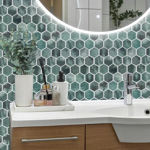 Vista 2 de 10 hojas de azulejos hexagonales autoadhesivos para salpicadero de cocina, nuevo diseño premium extra grueso 3D, azulejos de pared autoadhesivos