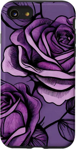 Vista 13 de iPhone 15 Patrón de rosas en estuche morado