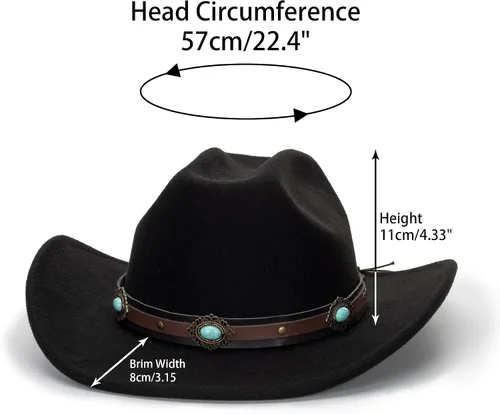 Vista 3 de Sombrero de vaquero occidental para hombres y mujeres, sombrero clásico de Fedora con cinturón de hebilla