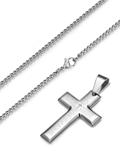 Vista 5 de LOYALLOOK Collar de acero inoxidable para hombre, 24 pulgadas, plata y tono negro con cruz colgante de oración del señor