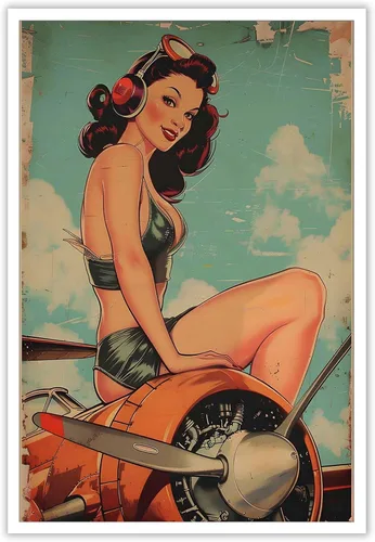 Vista 21 de Póster vintage de la niña piloto sexy de los años 50, arte de pared, arte retro de mediados de siglo, nostalgia estética, impresiones estéticas