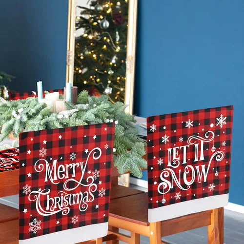 Vista 4 de CCINEE 2 fundas para respaldo de silla de Navidad, fundas de silla de búfalo rojo y negro con copo de nieve para silla de Navidad, cubierta trasera