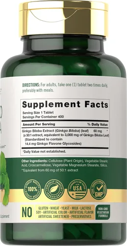 Vista 2 de Carlyle Ginkgo Biloba 3000mg 400 tabletas Suplemento herbario sin OMG, sin gluten