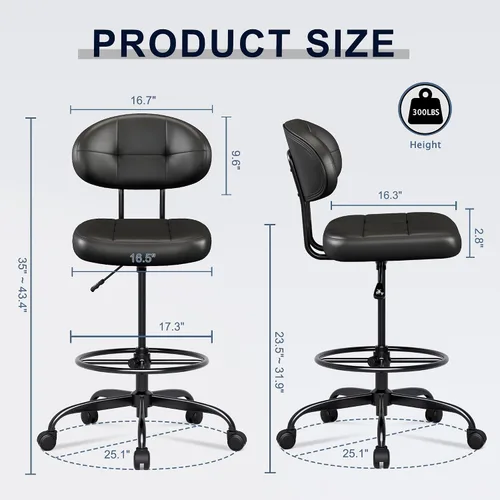 Vista 3 de Misolant Silla de dibujo sin brazos, silla de oficina alta con anillo reposapiés para escritorio de pie, pequeña silla de oficina ejecutiva de piel