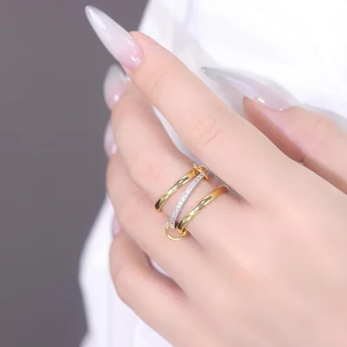 Vista 6 de Anillos apilables de oro para mujer, no se deslustra, juego de 3 anillos entrelazados con circonita cúbica, delicados anillos chapados en oro de 18