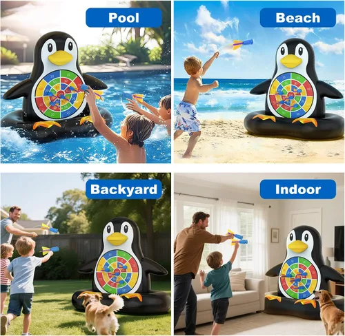Vista 4 de MOONTOY Juguetes de piscina para niños, juego de mesa inflable de pingüino, juegos de piscina para playa y patio trasero, juguetes acuáticos