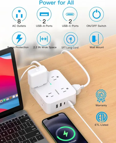 Vista 2 de Tiras de enchufes con protección contra sobretensiones - HANYCONY 8 salidas amplias con 4 puertos USB (2 USB C), extensor de enchufe de 3 lados