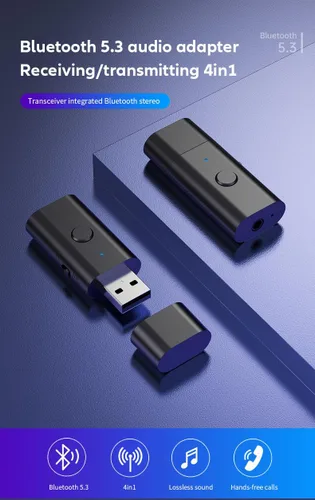 Vista 2 de Receptor transmisor Bluetooth 5.3, adaptador USB inalámbrico auxiliar de 0.138 in, baja latencia, micrófono integrado, transmisión de música