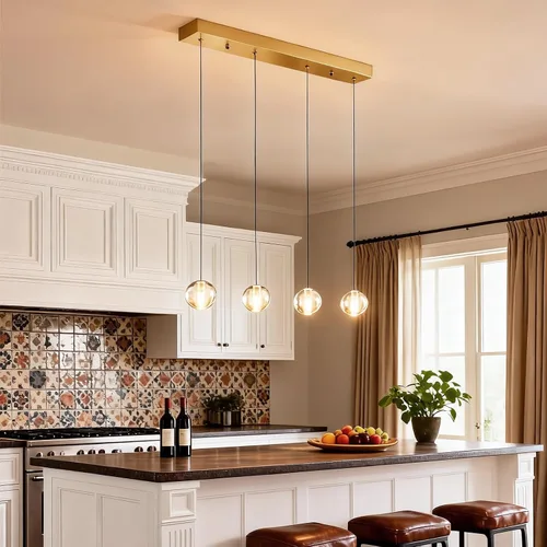 Vista 2 de Lámparas colgantes de oro cepillado de 4 luces para isla de cocina moderna, lámparas colgantes de globo de cristal para comedor sobre mesa, lámparas