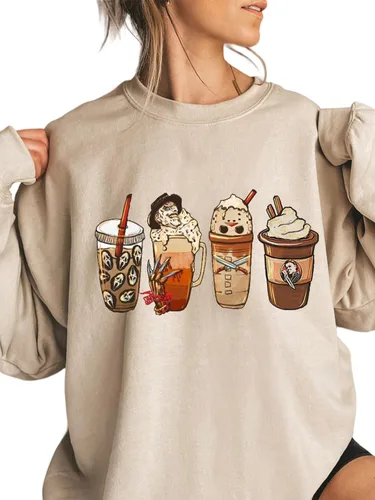 Vista 2 de Sudadera de Halloween de gran tamaño para mujer, diseño de película de terror, para otoño, cuello redondo, manga larga