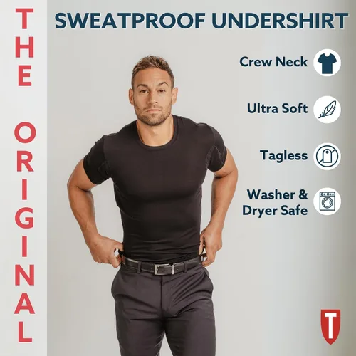 Vista 4 de Men's Sweatproof Undershirt Slim Fit Crew Neck T-Shirt with Underarm Sweat Pads Aluminum-Free Alternative