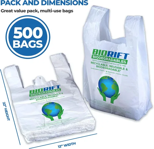 Vista 5 de BioRift Bolsas de comestibles para camisetas – 100% biodegradables y ecológicas – Bolsas de basura pequeñas reutilizables para supermercado – Asas