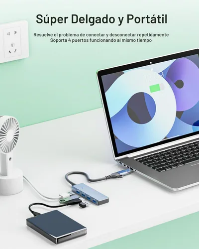 Vista 5 de Hub USB 3.0 4 puertos con USB-A/C, adaptador de aluminio de transferencia Gris