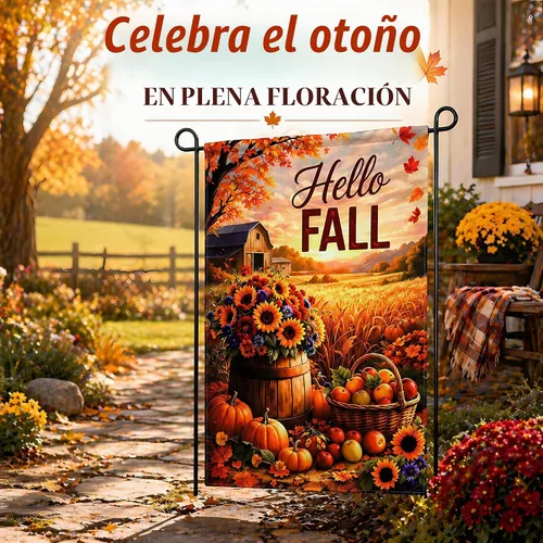 Vista 4 de Decoración de otoño – Bandera de jardín de «Hello Fall» Decoración de otoño de doble cara para exteriores, interiores, exteriores y exteriores