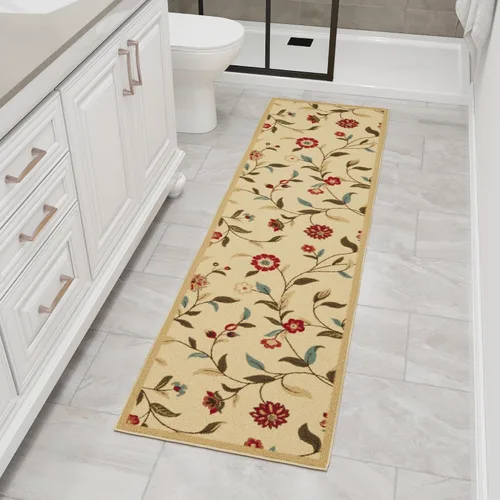Vista 12 de Ottomanson, colección OttoHome, tapete para corredor con diseño azul claro y damasco (antiderrapante), parte trasera de goma Floral Beige