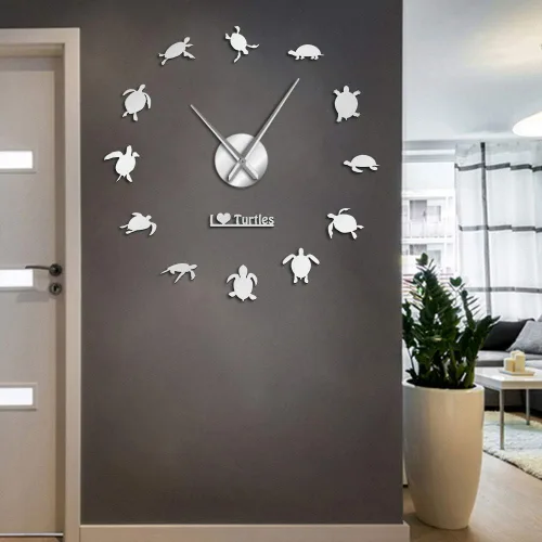 Vista 10 de The Geeky Days I Love Turtles DIY Sticker Wall Art - Reloj de pared gigante decorativo, silueta de tortugas marinas, decoración de playa, animales